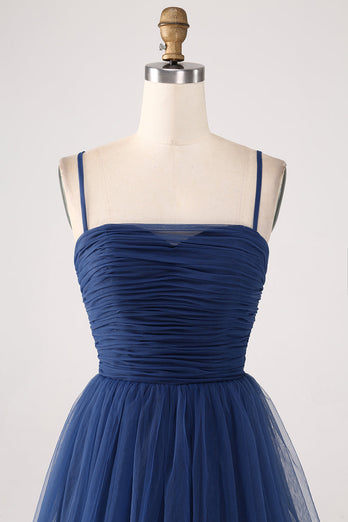 A Line Spaghetti Straps Tiered Tulle Pleated Formal Dress with Slit