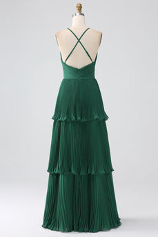 A-Line Dark Green Tiered Chiffon Bridesmaid Dress with Pleated