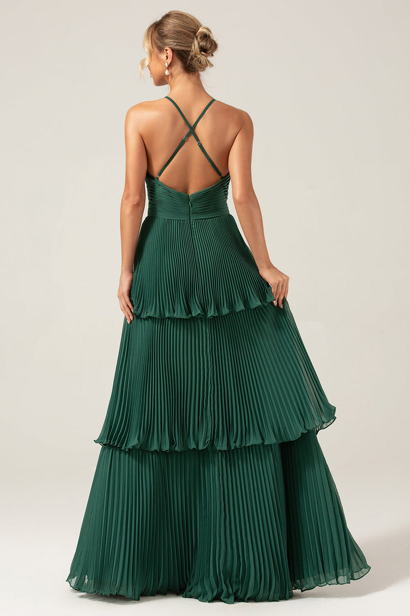 Load image into Gallery viewer, A-Line Tiered Chiffon Dark Green Long Bridesmaid Dress with Pleated