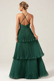 A-Line Tiered Chiffon Dark Green Long Bridesmaid Dress with Pleated