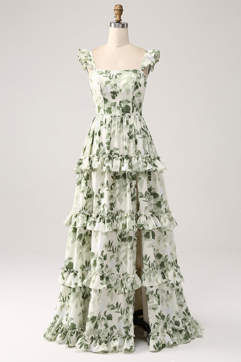 Load image into Gallery viewer, Green Floral Ruffles Tiered Prom Dress with Slit