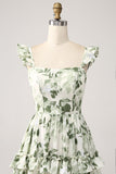 Green Floral Ruffles Tiered Prom Dress with Slit