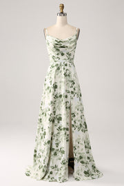 Cowl Neck Green Floral A Line Formal Dress with Slit