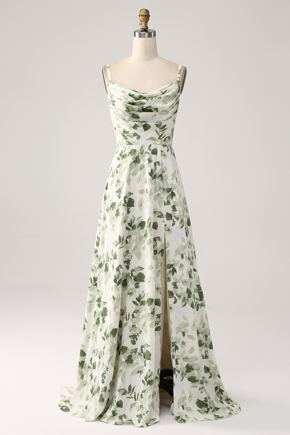 Cowl Neck Green Floral A Line Formal Dress with Slit