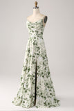 Cowl Neck Green Floral A Line Formal Dress with Slit