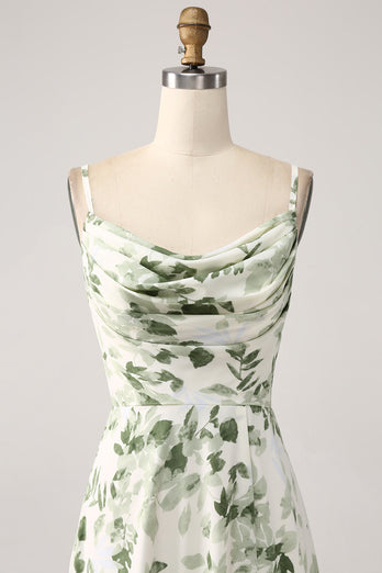 Cowl Neck Green Floral A Line Formal Dress with Slit
