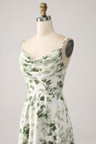 Cowl Neck Green Floral A Line Formal Dress with Slit