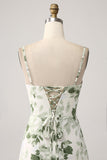 Cowl Neck Green Floral A Line Formal Dress with Slit