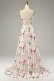 Ivory Flower A-Line Spaghetti Straps Corset Long Formal Dress With Slit