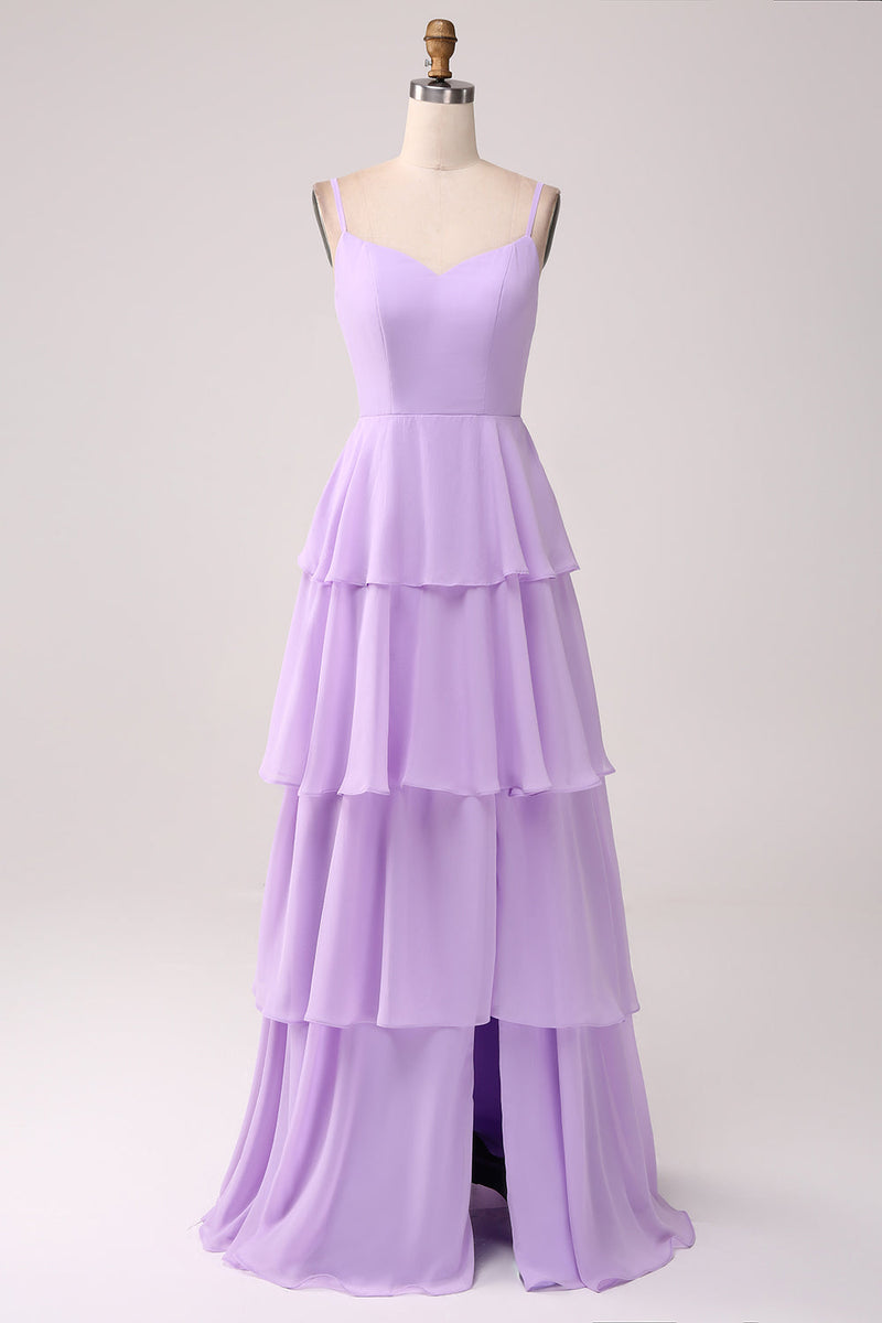 Load image into Gallery viewer, A Line Spaghetti Straps Tiered Chiffon Lilac Bridesmaid Dress with Slit
