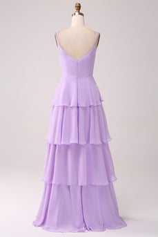 A Line Spaghetti Straps Tiered Chiffon Lilac Bridesmaid Dress with Slit