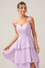 Load image into Gallery viewer, Lilac A Line Spaghetti Straps Tiered Chiffon Bridesmaid Dress with Slit