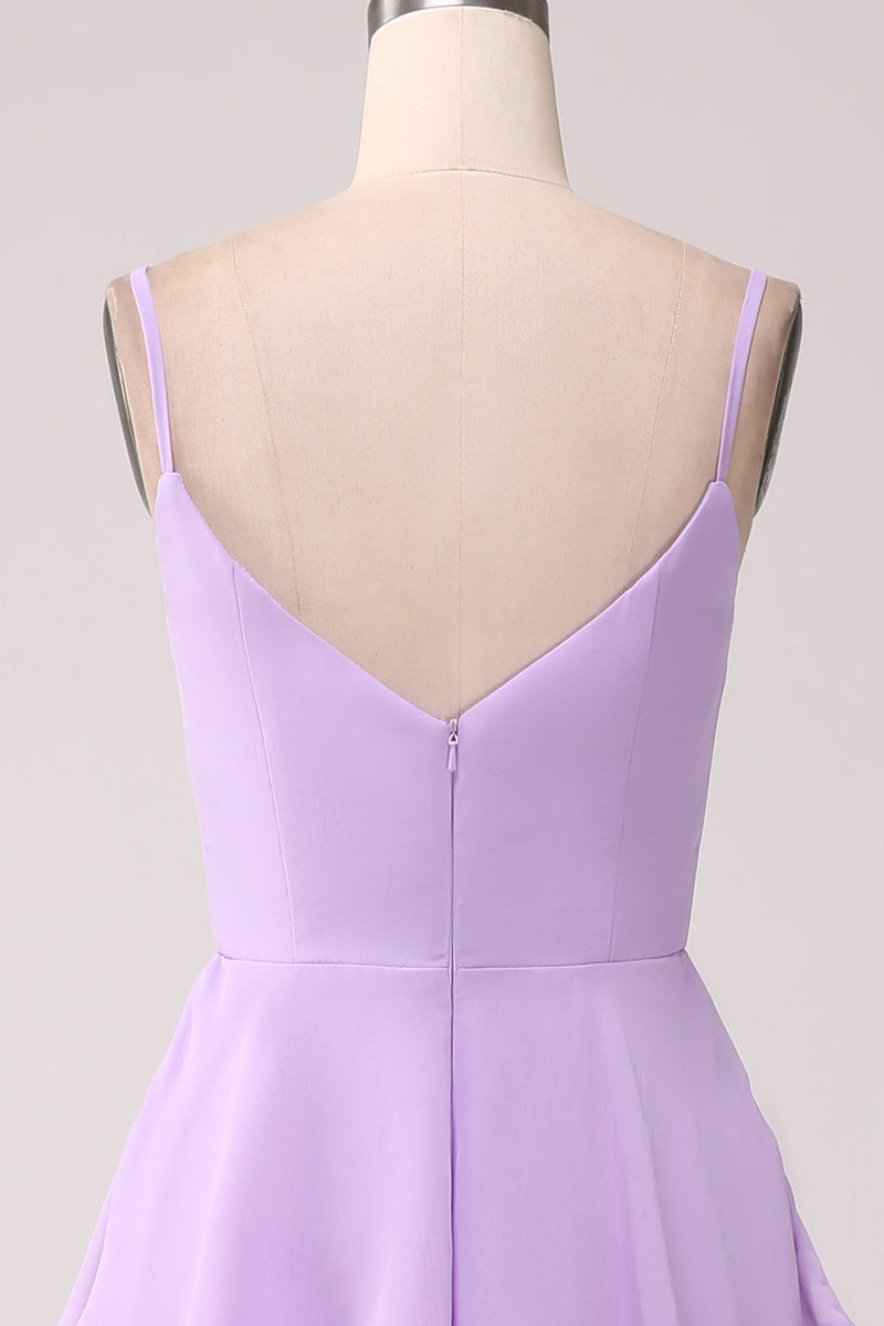 Load image into Gallery viewer, A Line Spaghetti Straps Tiered Chiffon Lilac Bridesmaid Dress with Slit