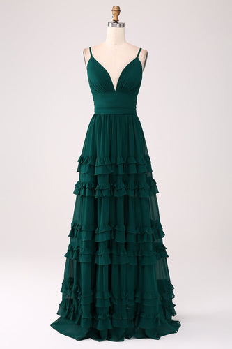 Spaghetti Straps Tiered Formal Dress with Pleated