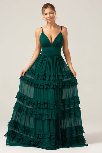 Dark Green A Line Spaghetti Straps Tiered Formal Dress with Pleated