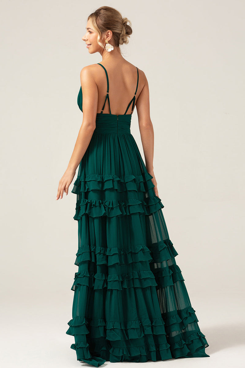 Load image into Gallery viewer, Dark Green A Line Spaghetti Straps Tiered Formal Dress with Pleated