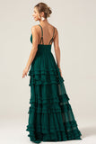 Dark Green A Line Spaghetti Straps Tiered Formal Dress with Pleated