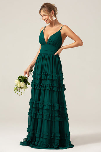 Dark Green A Line Spaghetti Straps Tiered Formal Dress with Pleated