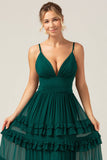 Dark Green A Line Spaghetti Straps Tiered Formal Dress with Pleated