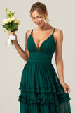 Dark Green A Line Spaghetti Straps Tiered Formal Dress with Pleated