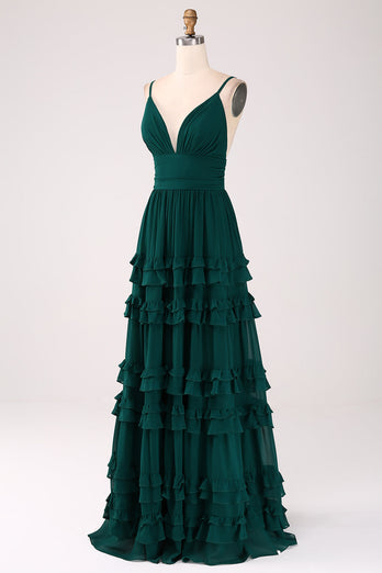 Spaghetti Straps Tiered Formal Dress with Pleated