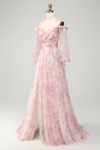 Blush Flower A-Line Off The Shoulder Print Formal Dress With Slit