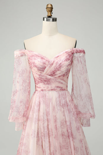 Blush Flower A-Line Off The Shoulder Print Formal Dress With Slit