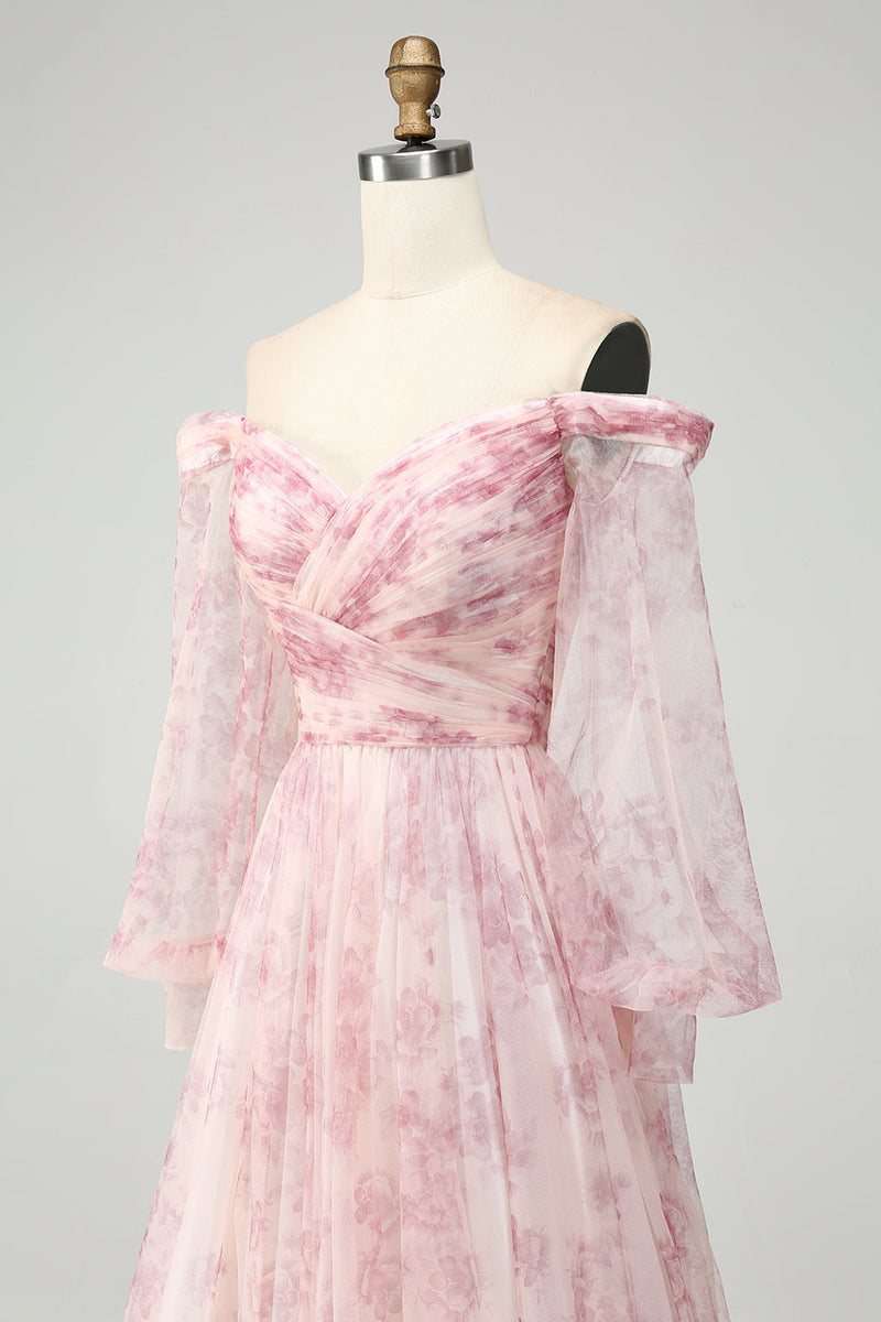Load image into Gallery viewer, Blush Flower A-Line Off The Shoulder Print Formal Dress With Slit