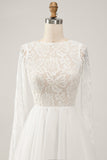 Elegant Ivory A Line Backless Long Sleeves Wedding Dress with Lace