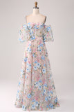 A-Line Apricot Flower Off the Shoulder Long Corset Formal Dress