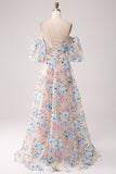 A-Line Apricot Flower Off the Shoulder Long Corset Formal Dress