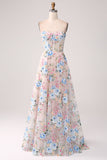 A-Line Apricot Flower Off the Shoulder Long Corset Formal Dress