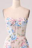 A-Line Apricot Flower Off the Shoulder Long Corset Formal Dress