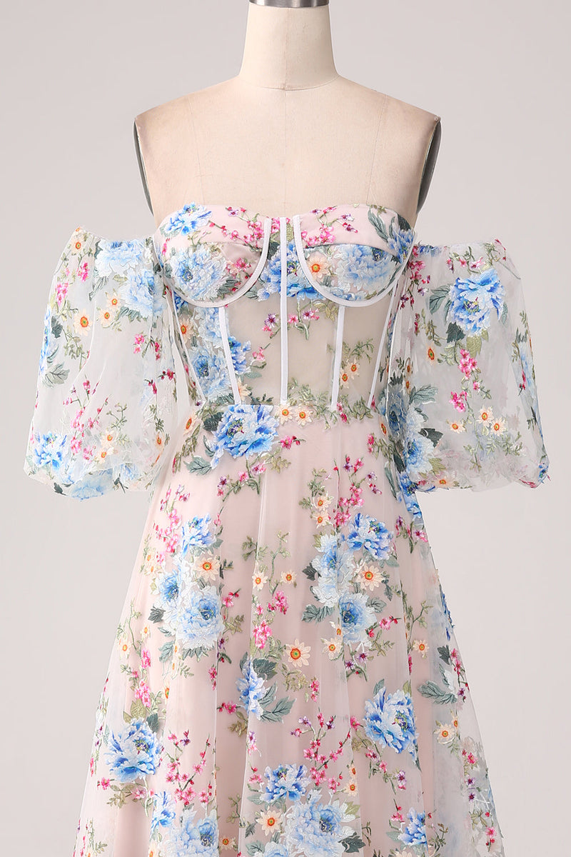 Load image into Gallery viewer, A-Line Apricot Flower Off the Shoulder Long Corset Formal Dress