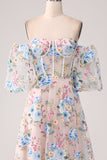 A-Line Apricot Flower Off the Shoulder Long Corset Formal Dress