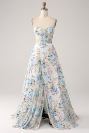 Ivory Flower A-Line Strapless Long Corset Formal Dress