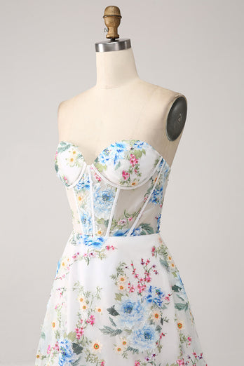 Ivory Flower A-Line Strapless Long Corset Formal Dress