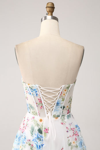 Ivory Flower A-Line Strapless Long Corset Formal Dress