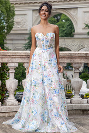 White Blue Flower A Line Sweetheart Corset Long Formal Dress with Slit