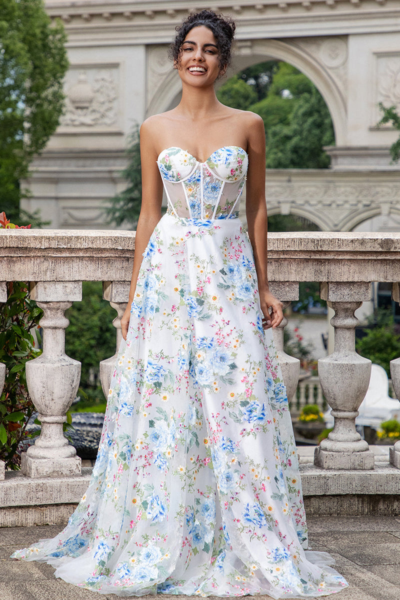 Load image into Gallery viewer, White Blue Flower A Line Sweetheart Corset Long Formal Dress with Slit