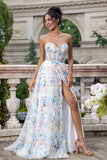 White Blue Flower A Line Sweetheart Corset Long Formal Dress with Slit