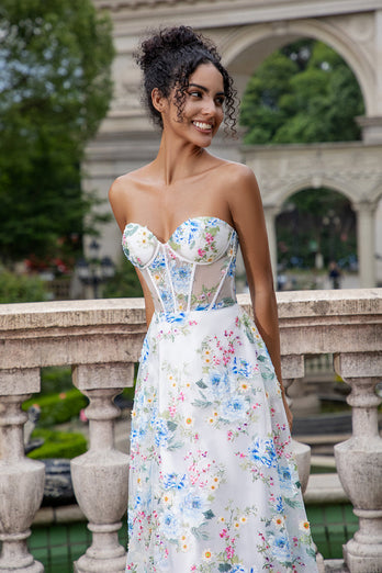 White Blue Flower A Line Sweetheart Corset Long Formal Dress with Slit