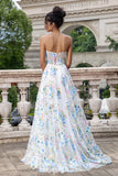 White Blue Flower A Line Sweetheart Corset Long Formal Dress with Slit