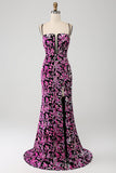 Sparkly Mermaid Fuchsia Black Sequin Formal Dress With Side Slit