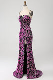 Sparkly Mermaid Fuchsia Black Sequin Formal Dress With Side Slit