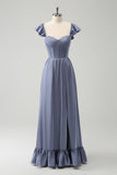 Grey Blue A Line Backless Corset Chiffon Bridesmaid Dress