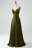 Olive A-Line Spaghetti Straps Satin Long Bridesamid Dress