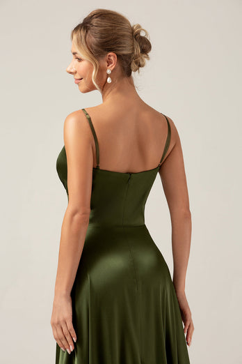 A-Line Spaghetti Straps Olive Satin Long Bridesmaid Dress with Slit