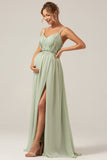 Dusty Sage A-Line Spaghetti Straps Chiffon Long Bridesmaid Dress with Slit