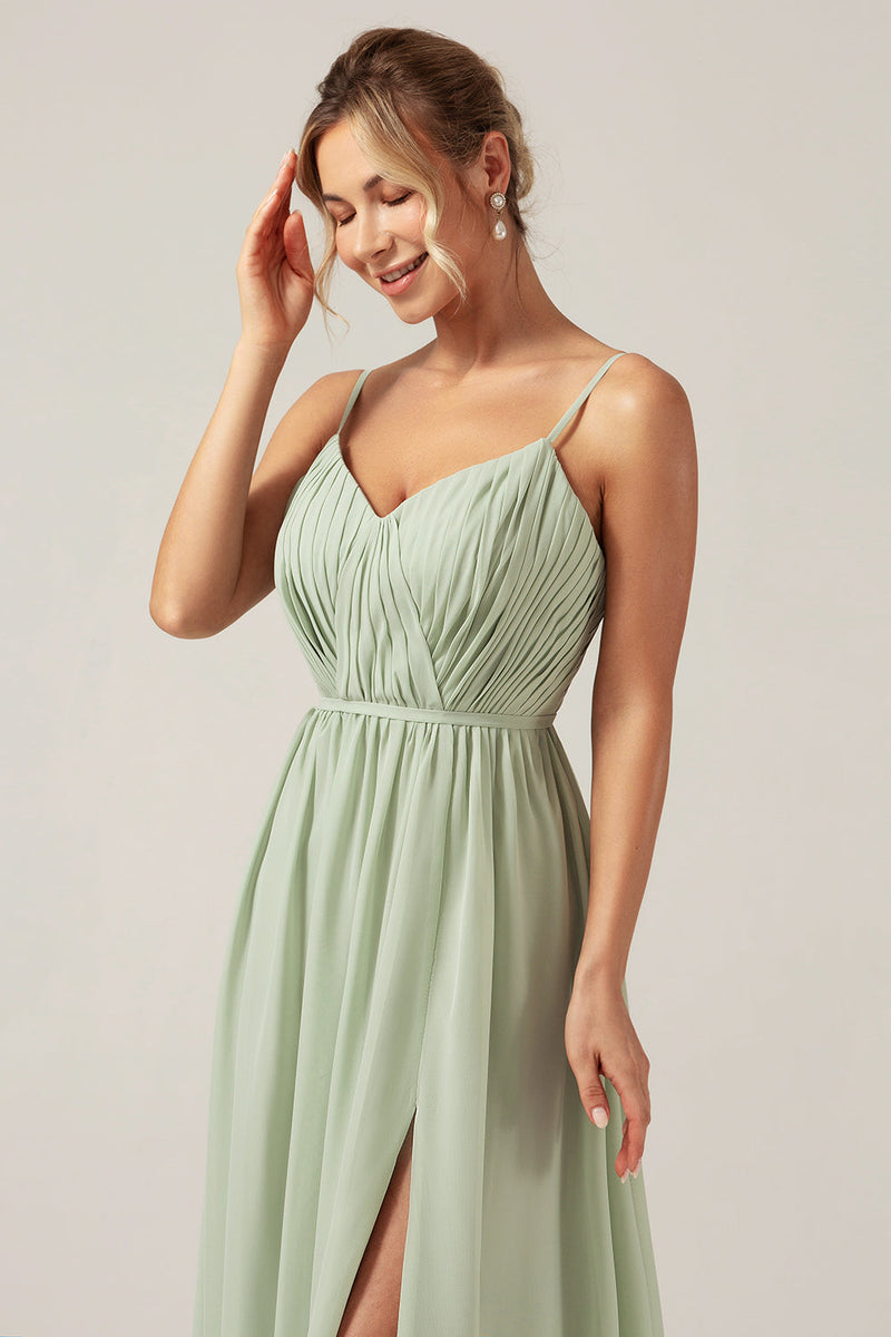 Load image into Gallery viewer, Dusty Sage A-Line Spaghetti Straps Chiffon Long Bridesmaid Dress with Slit